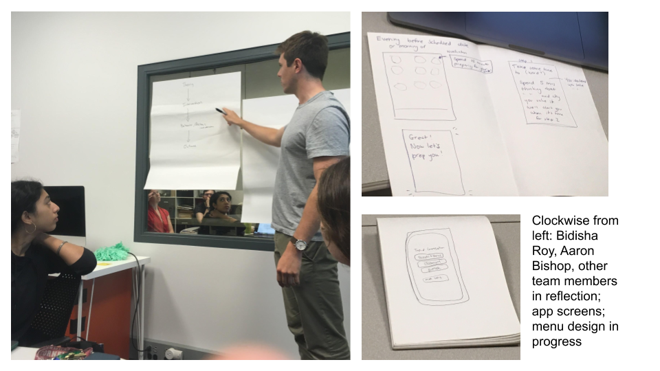 Our team met weekly to discuss our ideas, interpret interview data and share low-fidelity sketches. Three images: One of team members Bidisha Roy and Aaron Bishop with others reflected in the lab mirror; a sketch of possible app screens; a menu design in progress.