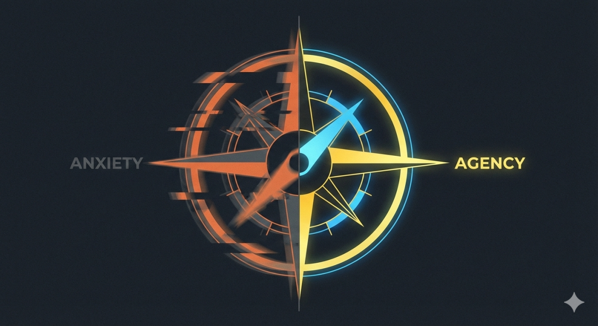 A minimalist Bauhaus-style digital compass set against a dark charcoal background. The image is split vertically: the left side is a vibrating, blurred orange labeled "ANXIETY," representing a lack of direction. The right side is a sharp, glowing blue and gold labeled "AGENCY," with the compass needle pointing firmly toward it.